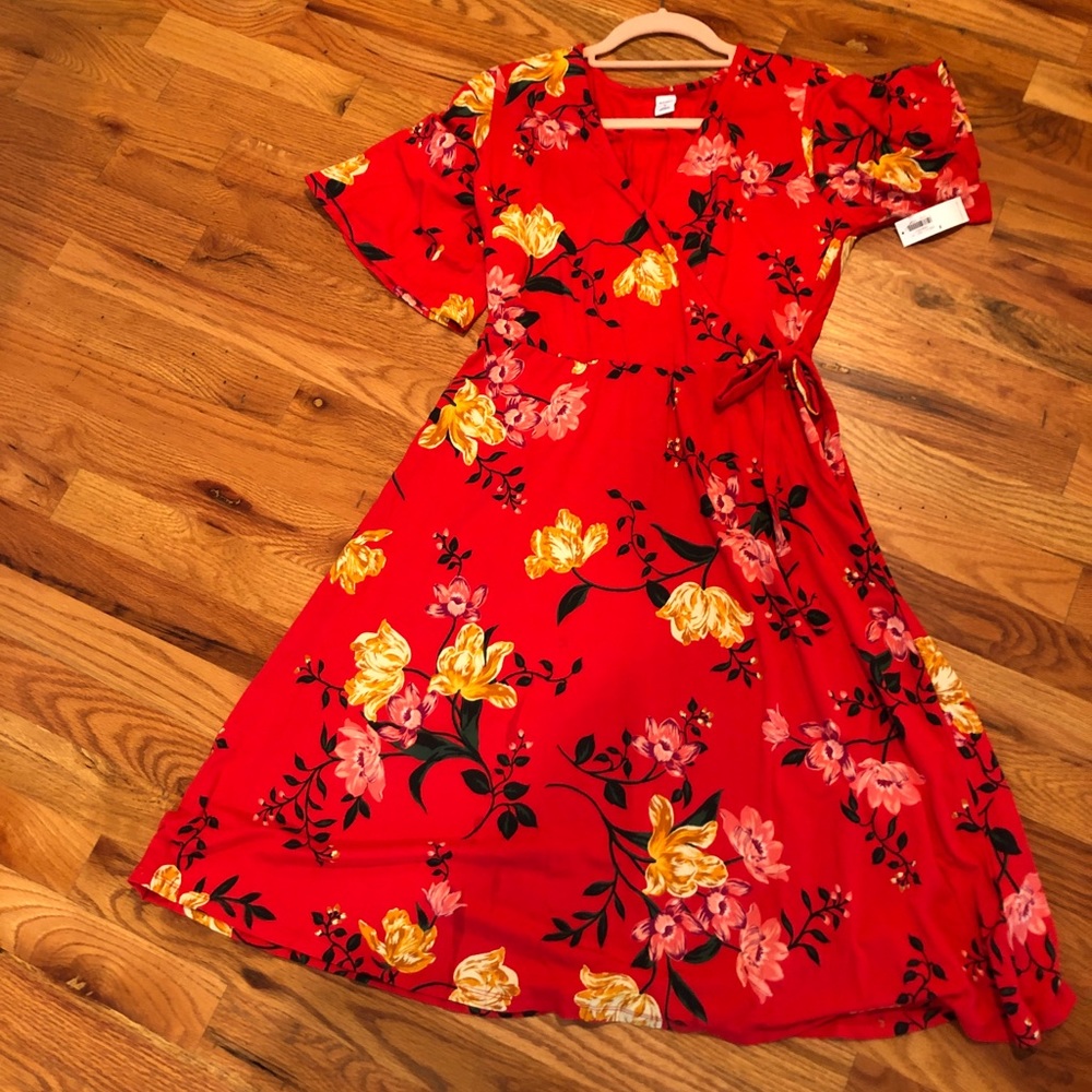 NWT Red floral faux wrap dress